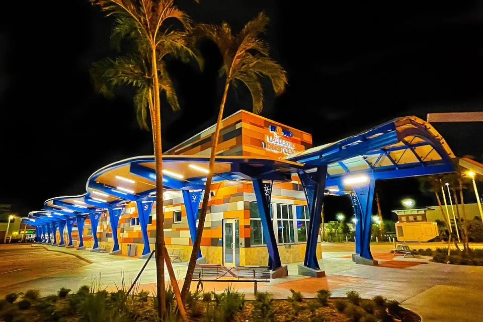 Colorful Lauderhill Transit Center at night.